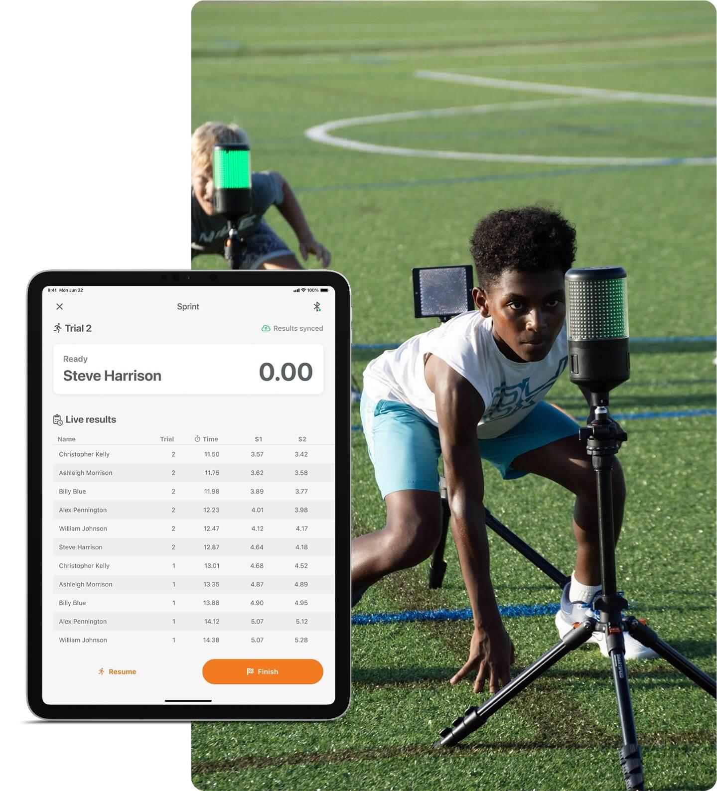BX4 athlete executing an in-beam start with live leaderboard results.