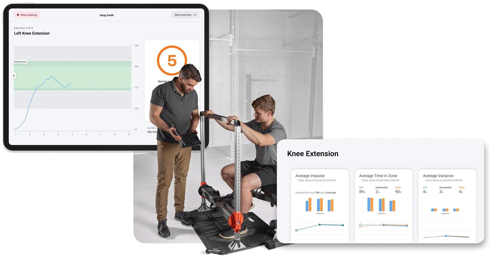 Athlete using ForceFrame Training Mode to improve knee extension strength and control.