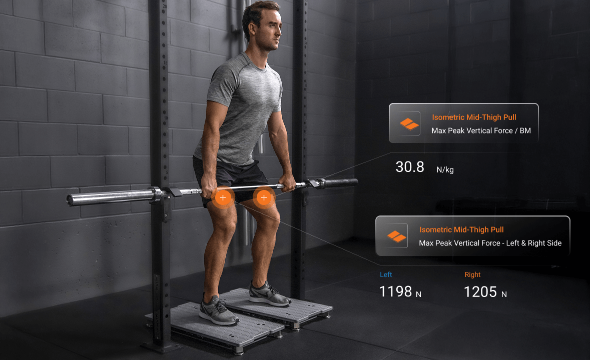 Athlete performing an IMTP on ForceDecks with specific performance measures.