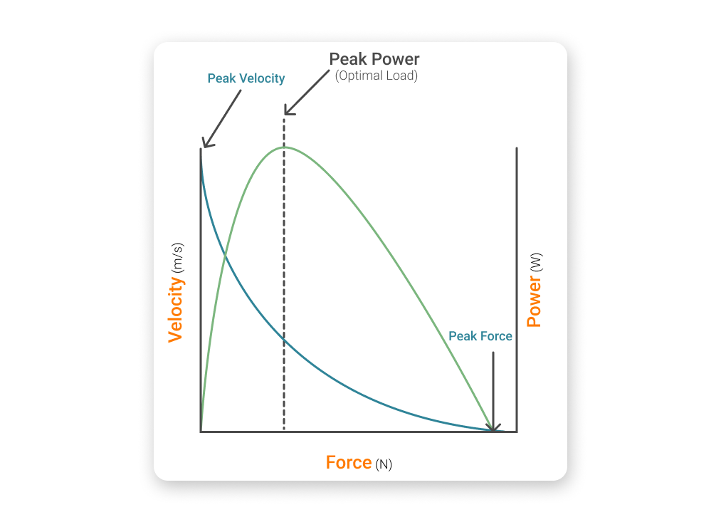 Force-velocity-power relationship of muscle on a tissue level, depicting the “optimal load” for power expression