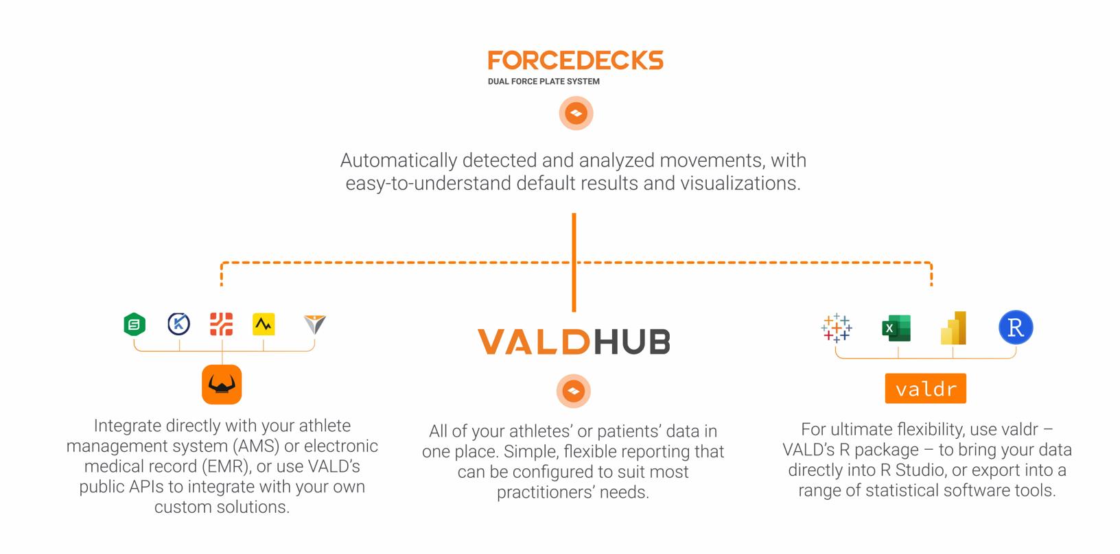 Different data analysis options available through APIs, VALD Hub and valdr