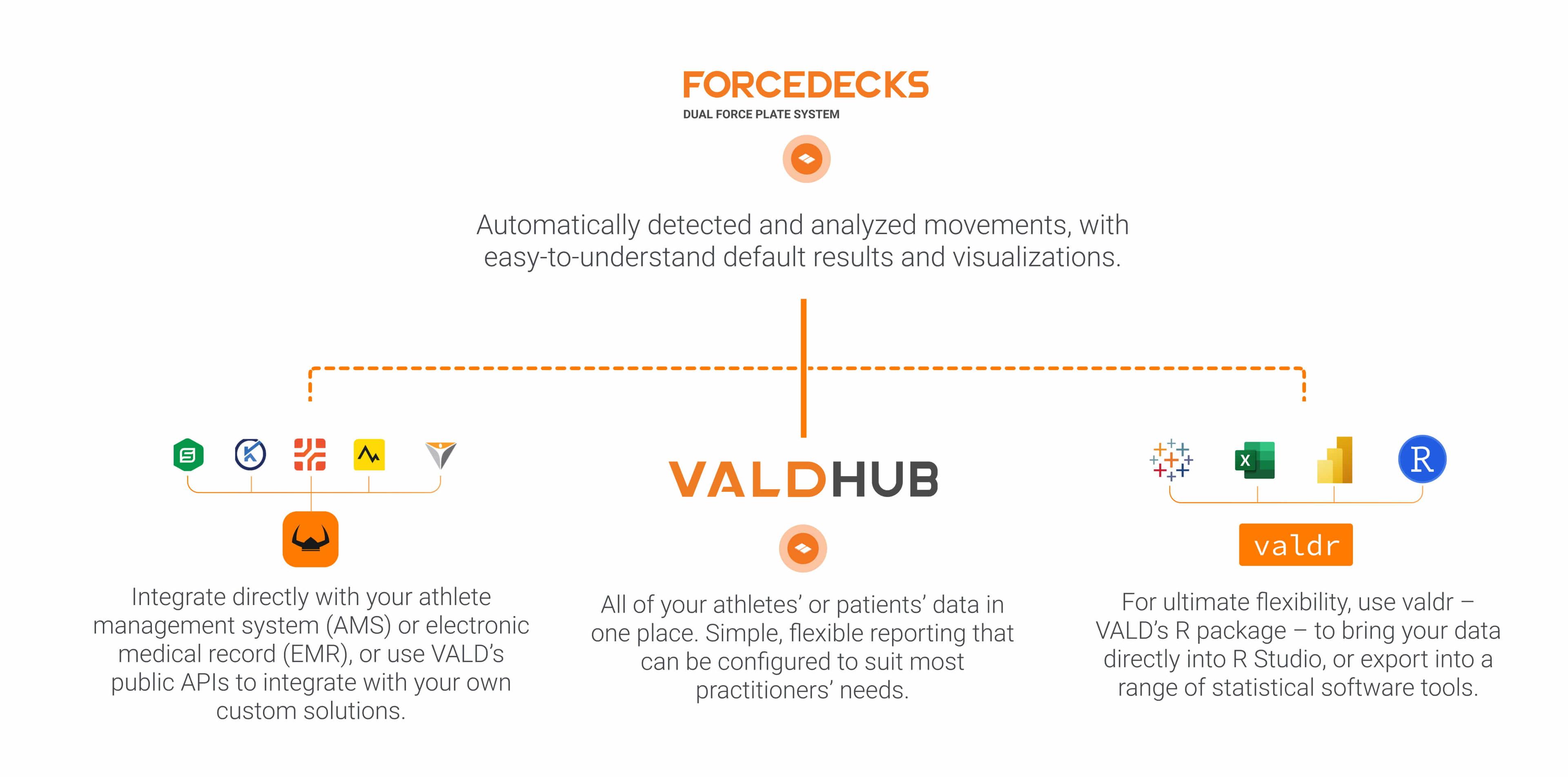 Different data analysis options available through APIs, VALD Hub and valdr