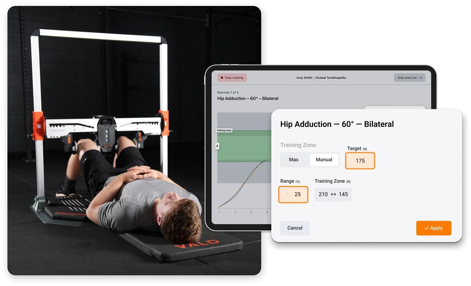 An athlete using ForceFrame’s Training Mode to adjust Training Zone within their set to optimize performance and recovery.