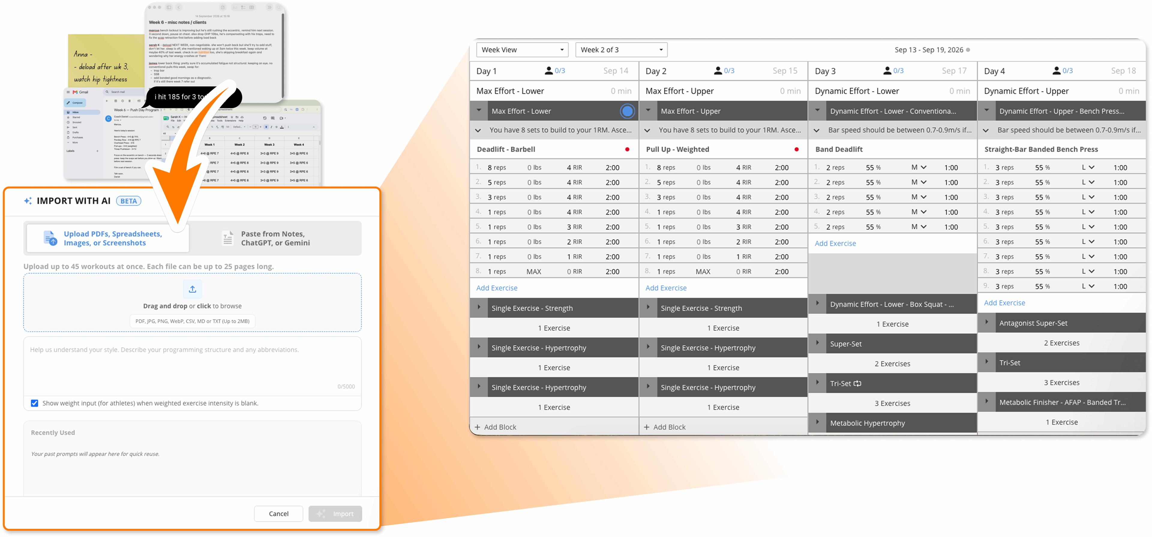 BridgeAthletic’s Import with AI transforming uploaded files into structured training programs.