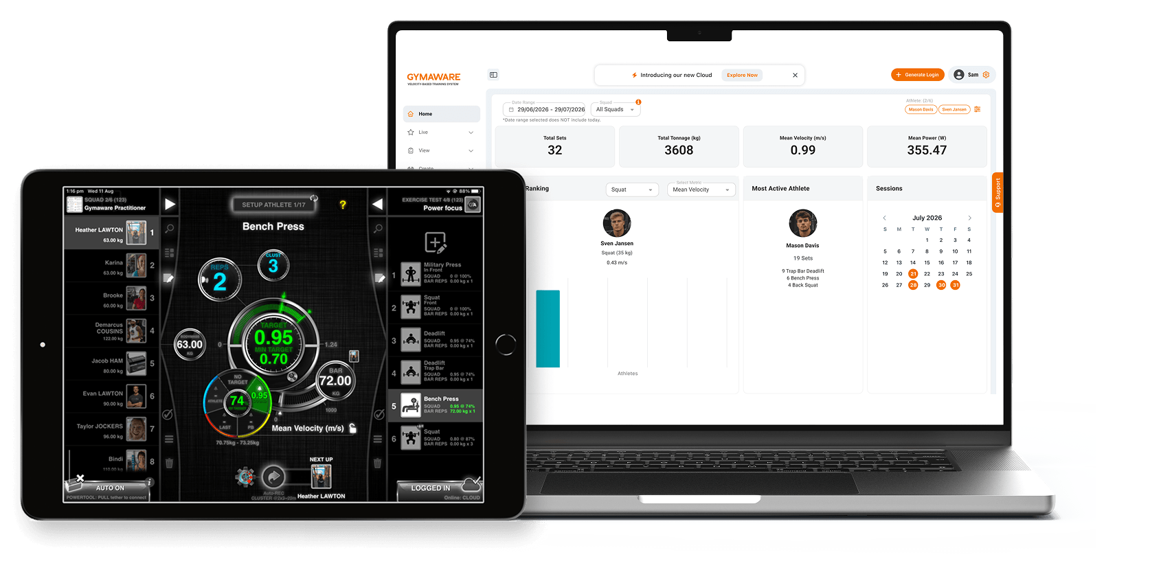 The GymAware app and cloud platform for real-time training feedback and performance review.