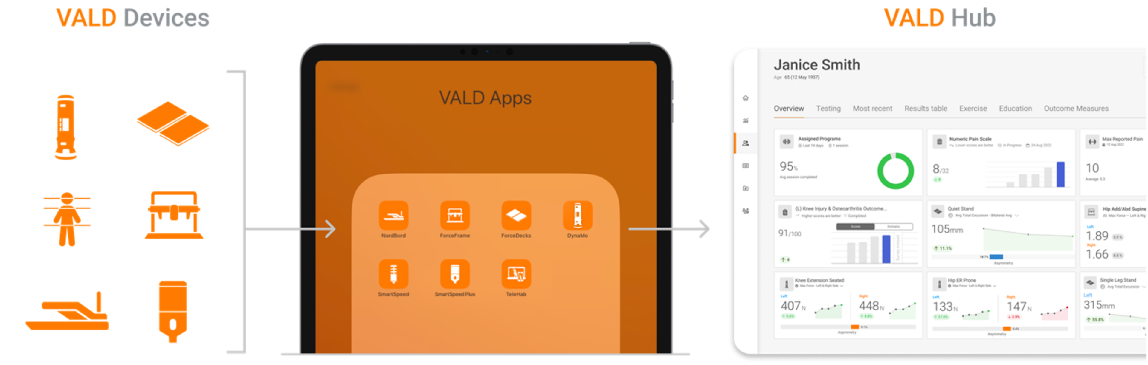 VALD의 장치와 앱은 근골격 데이터를 모두 한 곳인 VALD 허브로 전달