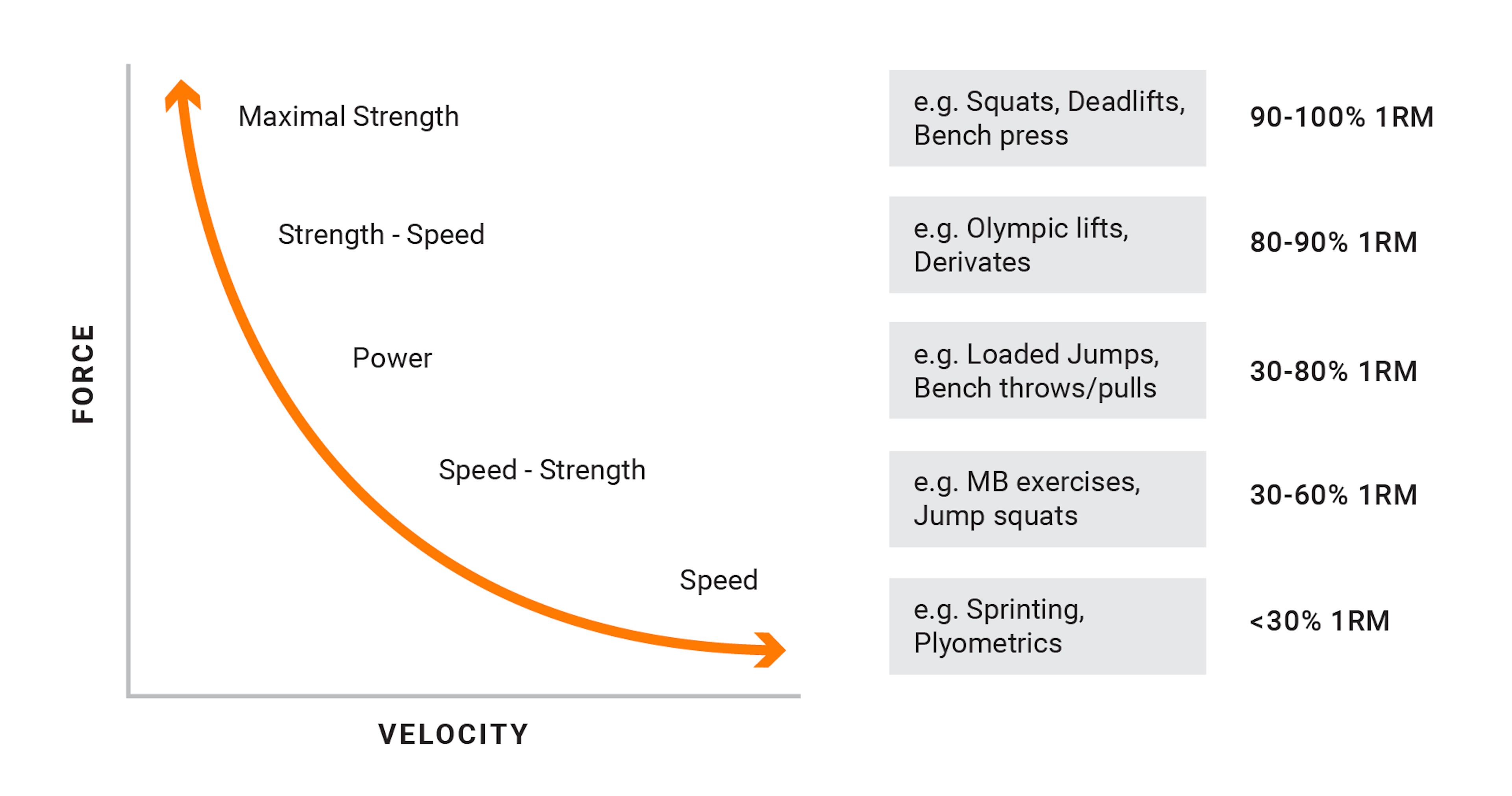 Figure 2. Force-velocity curve with some representative exercises to improve physical qualities.