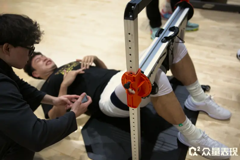 A Q2 Performance athlete testing their hip abductor and adductor strength with ForceFrame.