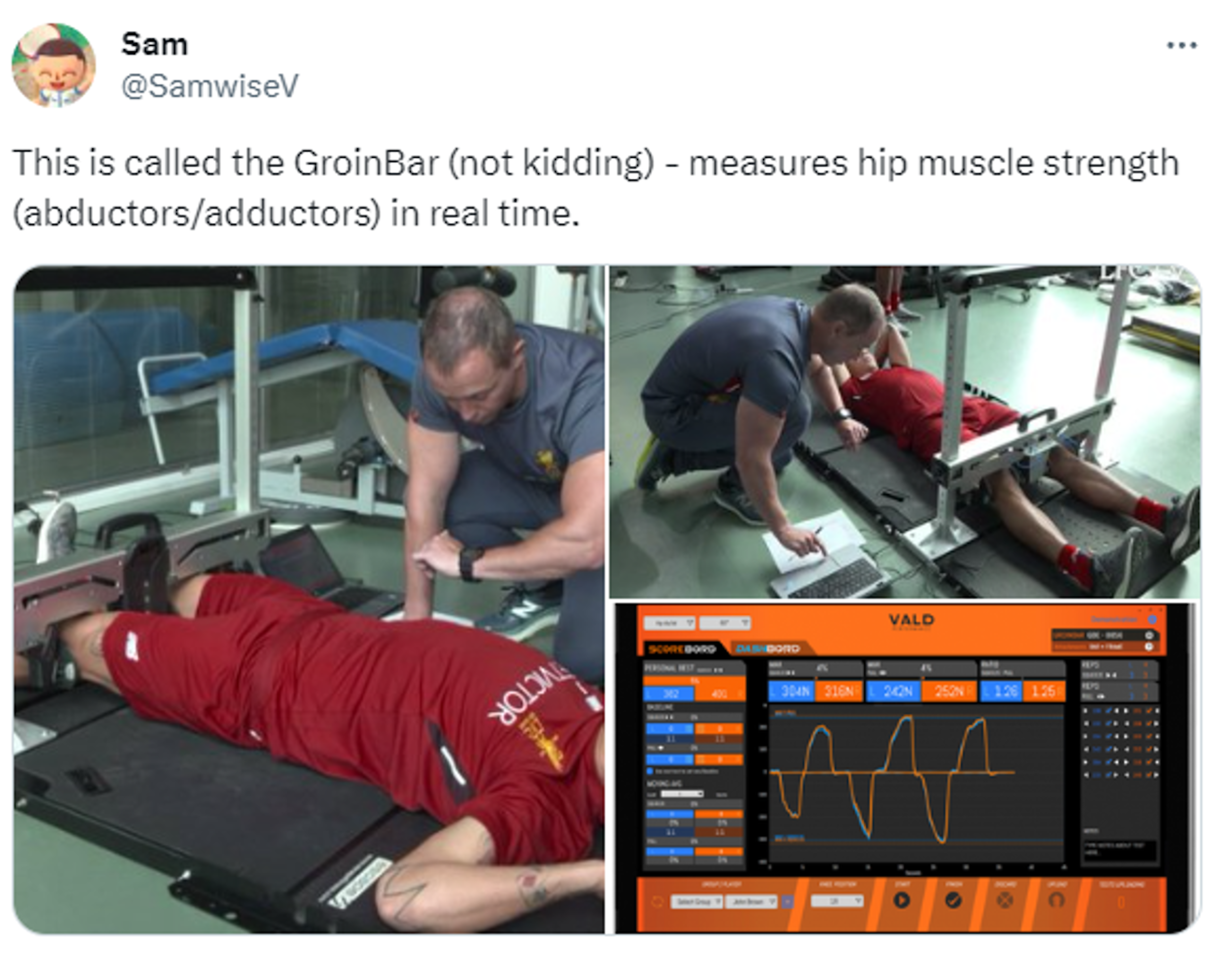 The “GroinBar” soon after its launch in 2017, being used to test Liverpool Football Club player Roberto Firmino. Many English Premier League teams were early adopters of the GroinBar.
