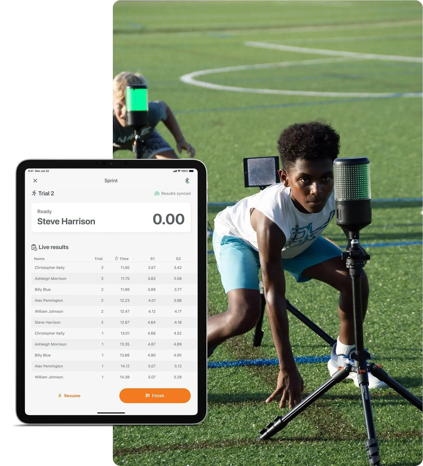 BX4 athlete executing an in-beam start with live leaderboard results.