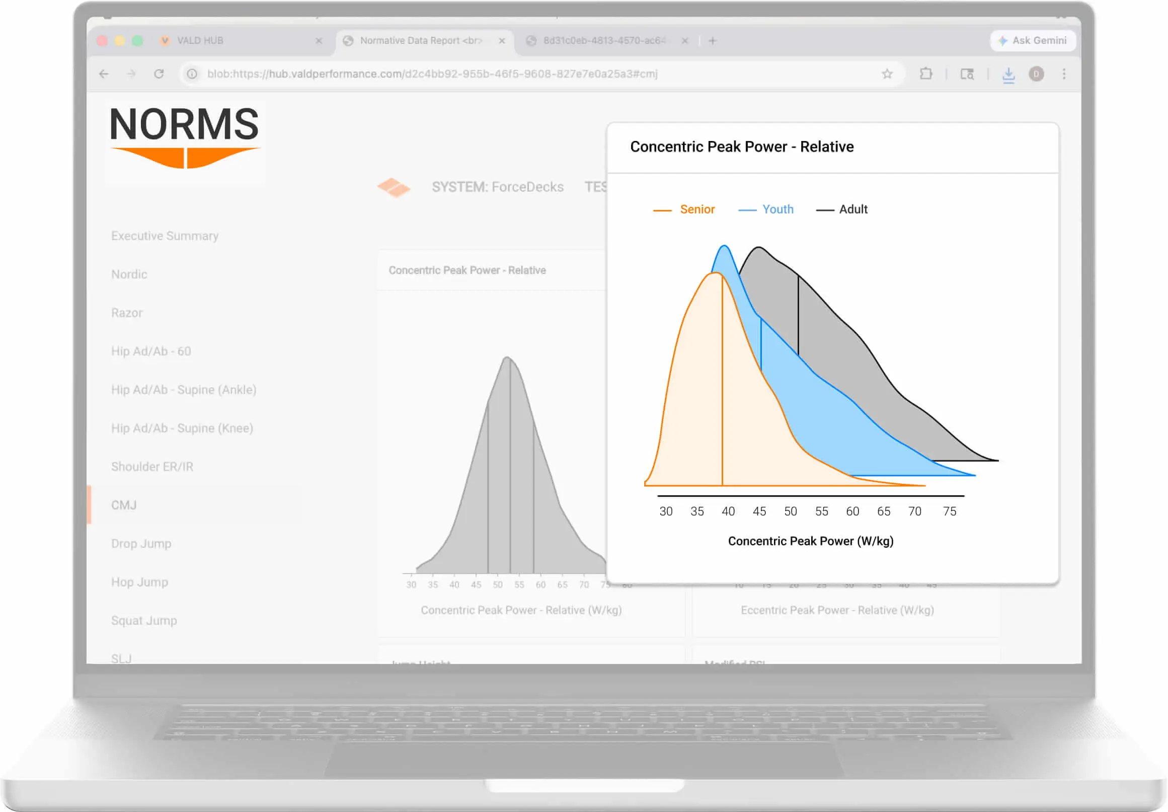 Normative data density plots for CMJ concentric peak power displayed in VALD’s Normative Data Reports. For more information on normative data, refer to our What are Norms? Understanding normative data article.