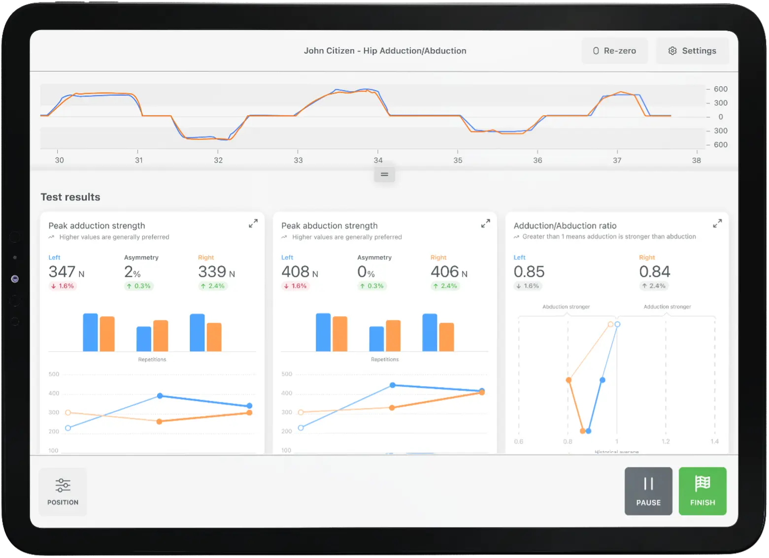 The ForceFrame app’s new testing interface showing real-time, rep-by-rep and historical data in a single view.