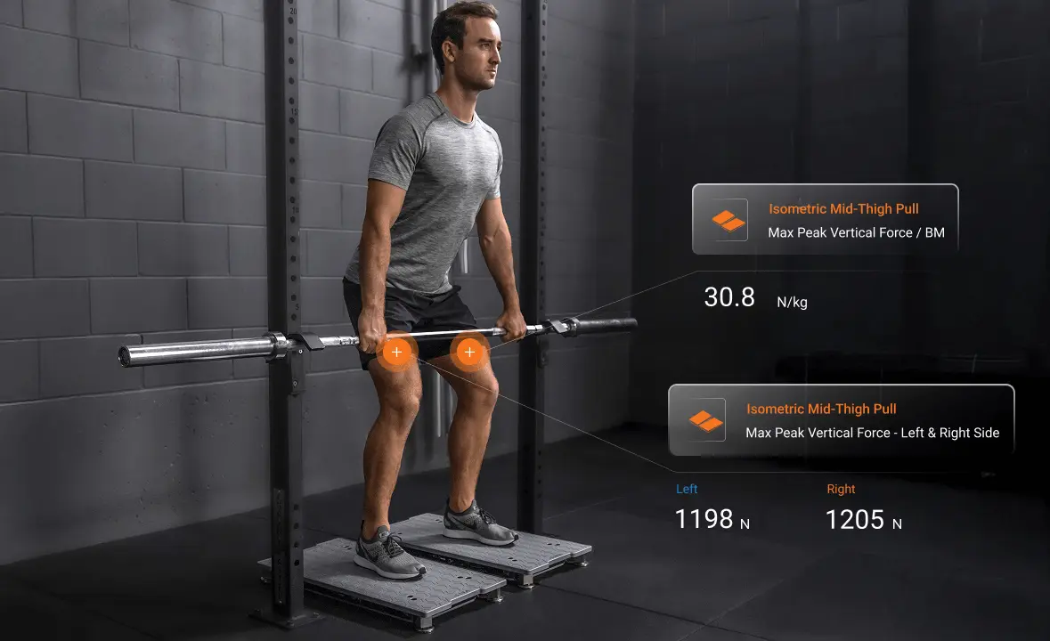 Athlete performing an IMTP on ForceDecks with specific performance measures.