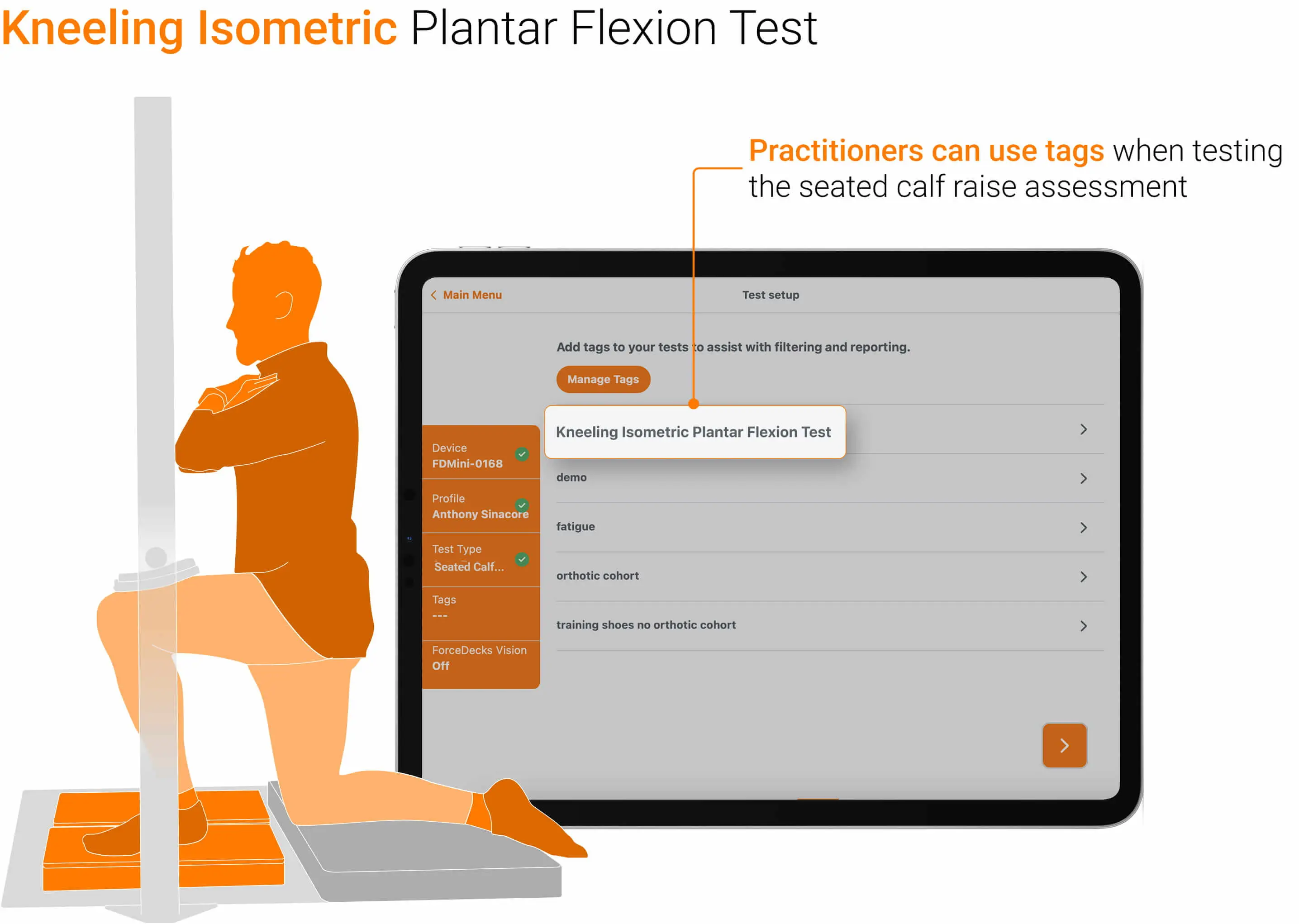 Tags can be created and applied to the seated calf raise assessment to indicate when it is used for the KIPFT, supporting more accurate comparisons between athletes and tests.