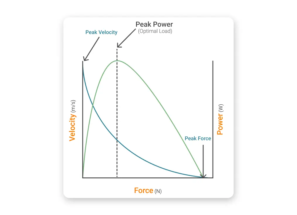 Force-velocity-power relationship of muscle on a tissue level, depicting the “optimal load” for power expression