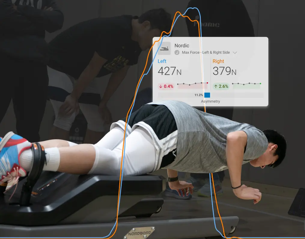 An example of an athlete performing a Nordic hamstring test on the NordBord.