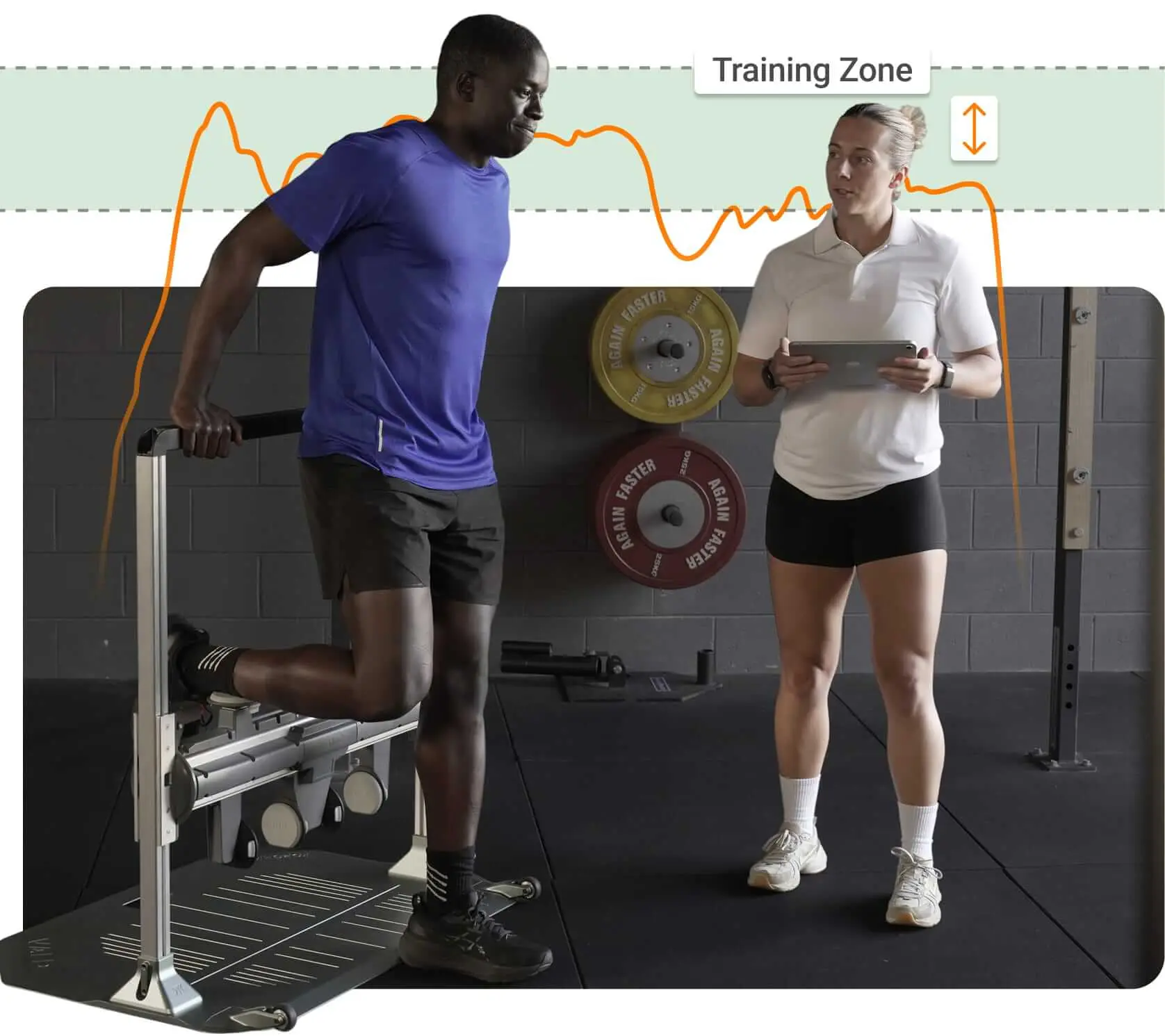Athlete and practitioner using ForceFrame Training Mode for tendon adaptation.