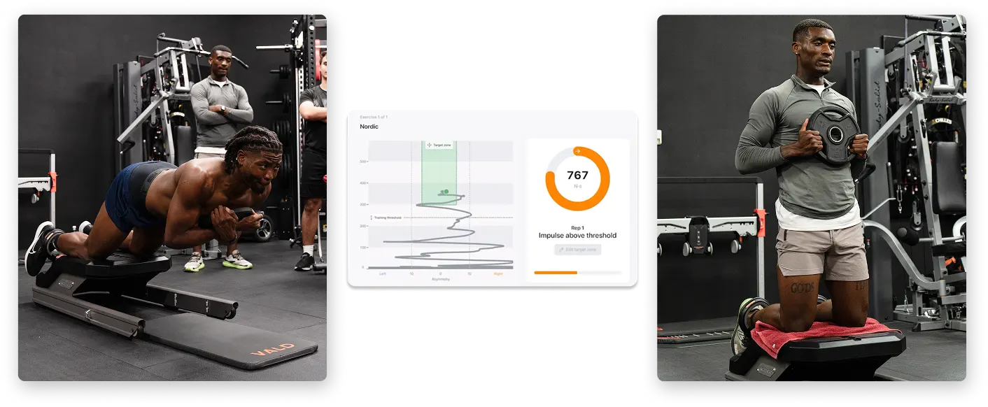 Two athletes performing loaded Nordic hamstring exercises (NHEs) with NordBord Training Mode.