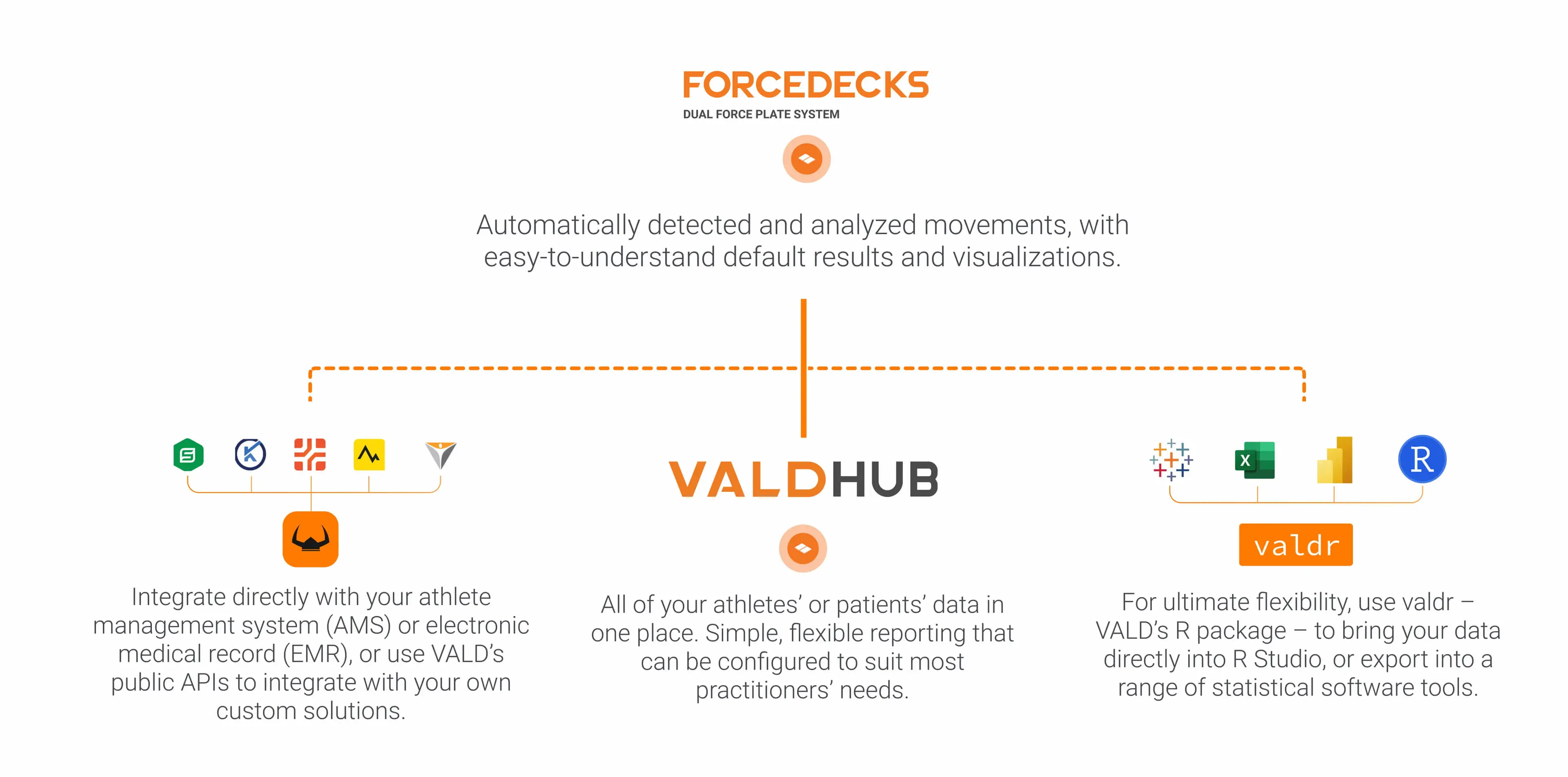 Different data analysis options available through APIs, VALD Hub and valdr