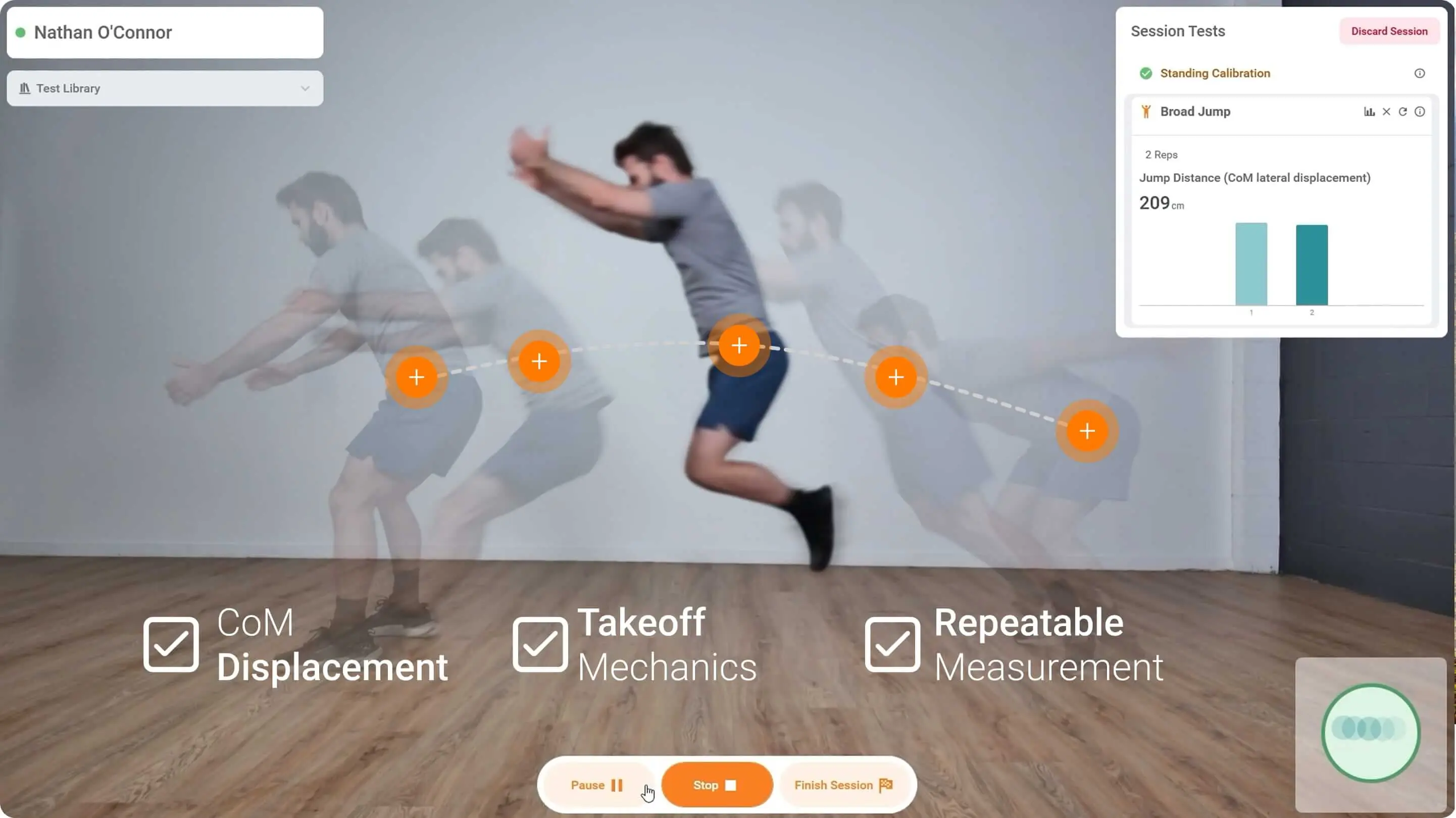 Specific features and metrics that HumanTrak provides with the broad jump assessment.