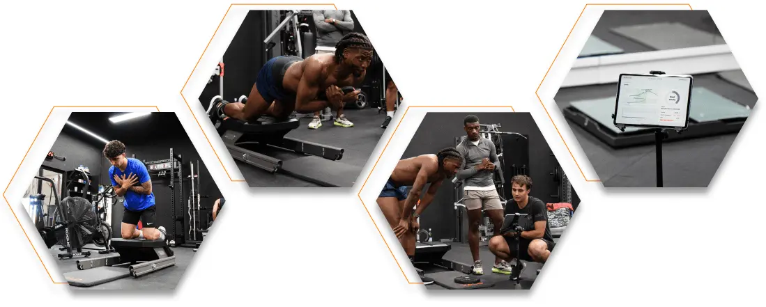 Soccer athletes at Urban Zone performing eccentric testing and training on NordBord.